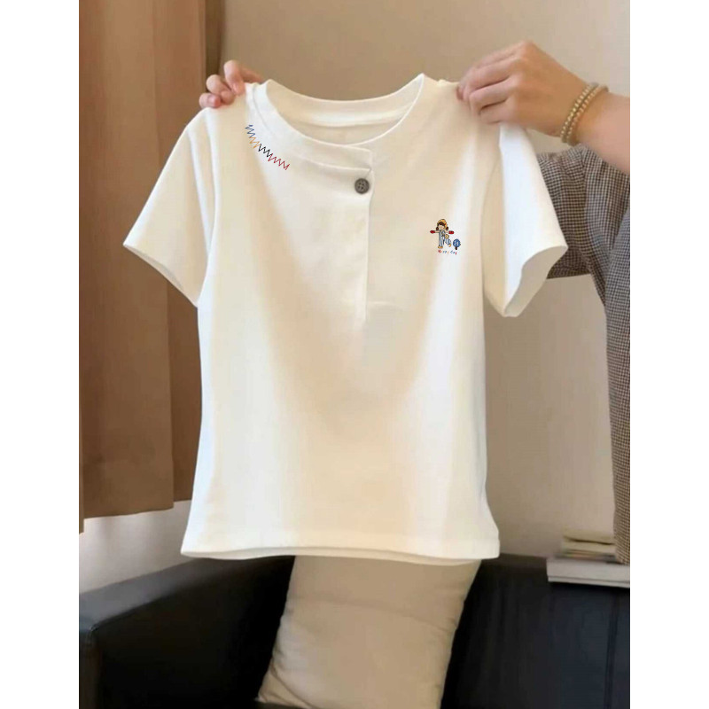 尊滴时尚心尖款！洋气小众纽扣白色短袖T恤女韩系百搭显瘦打底衫