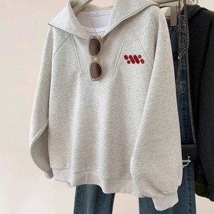 永远为质感买单 灰色翻领半拉链套头卫衣女初秋慵懒加绒外套ins