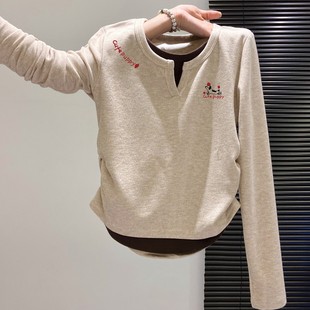 奥特莱斯 T恤女秋冬设计感收腰显瘦上衣 清仓捡漏撞色拼接V领长袖