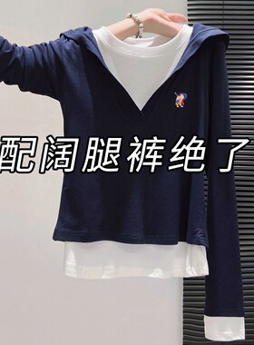 清仓捡漏~撤回外贸撞色V领连帽长袖T恤女秋冬修身显瘦假两件上衣