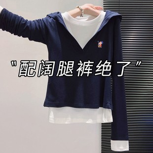 显瘦假两件上衣 T恤女秋冬修身 清仓捡漏 撤回外贸撞色V领连帽长袖