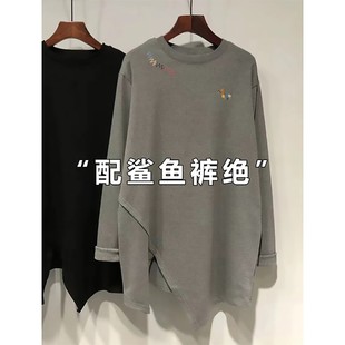 款 宽松显瘦打底衫 式 T恤女中长款 上衣 不规则开叉长袖 一眼就爱上