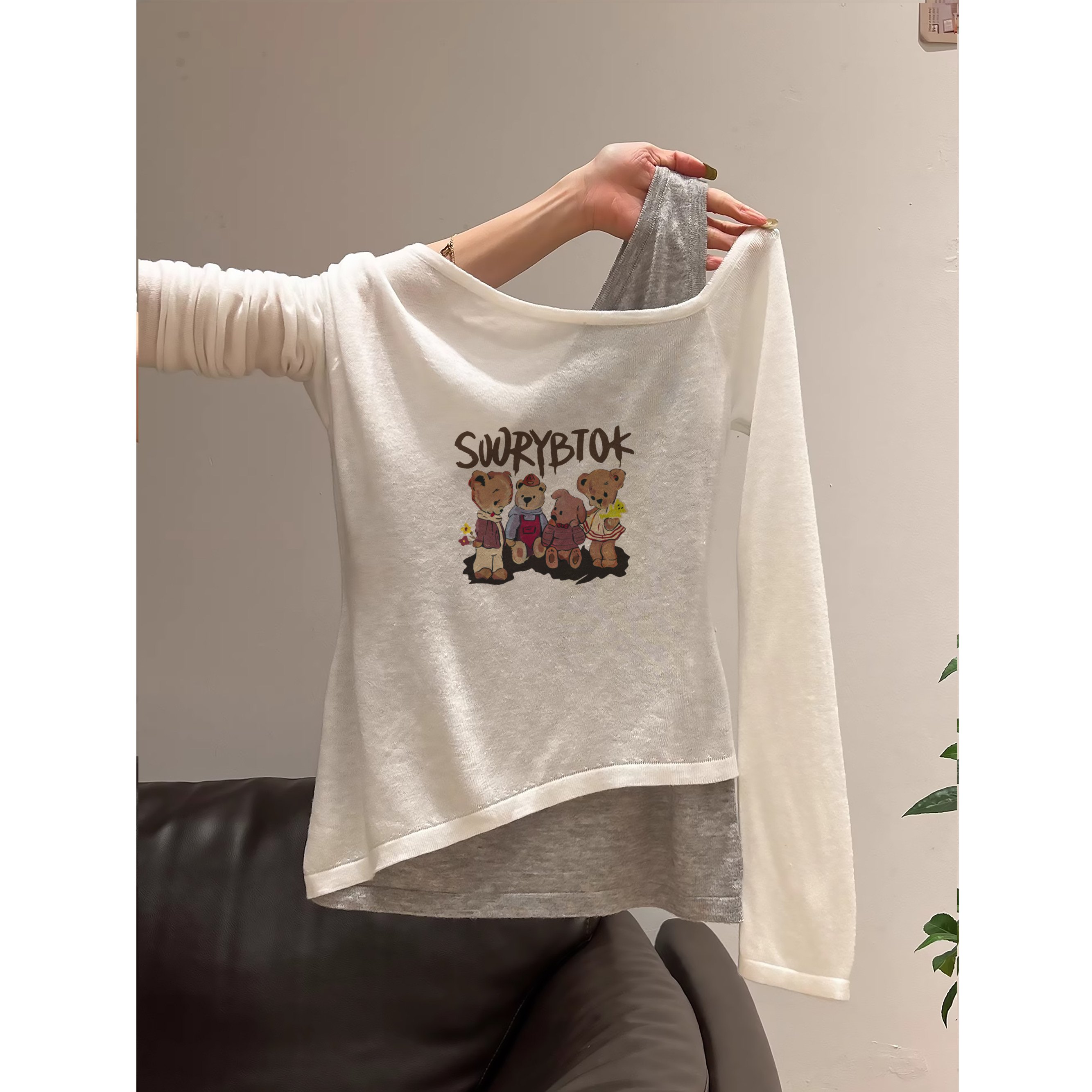 谁还不是仙女哇！假两件斜领露肩长袖T恤女设计感小众显瘦上衣潮