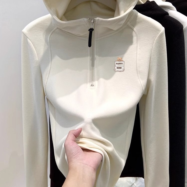 半拉链磨毛德绒连帽卫衣女秋冬