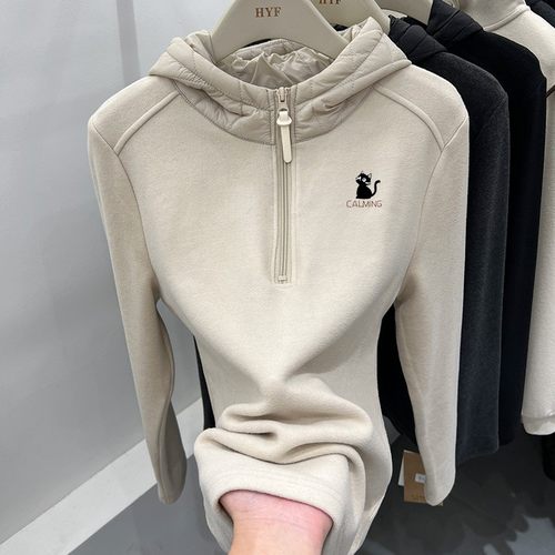 加绒休闲卫衣杏色德绒连帽打底衫