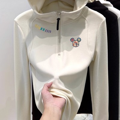 半拉链磨毛德绒连帽卫衣女