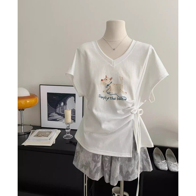 不规则绑带v领白色短袖T恤