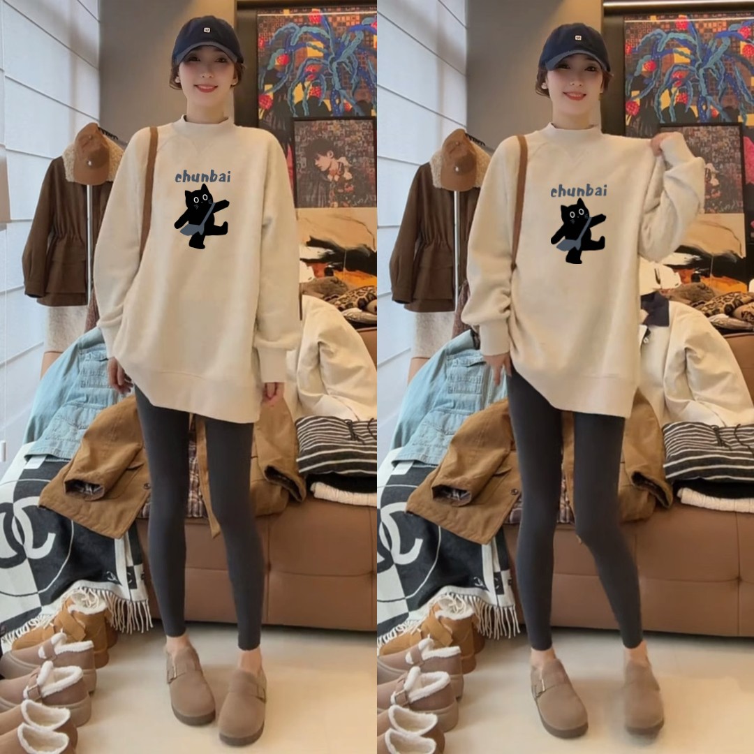 半高领加绒加厚套头卫衣女