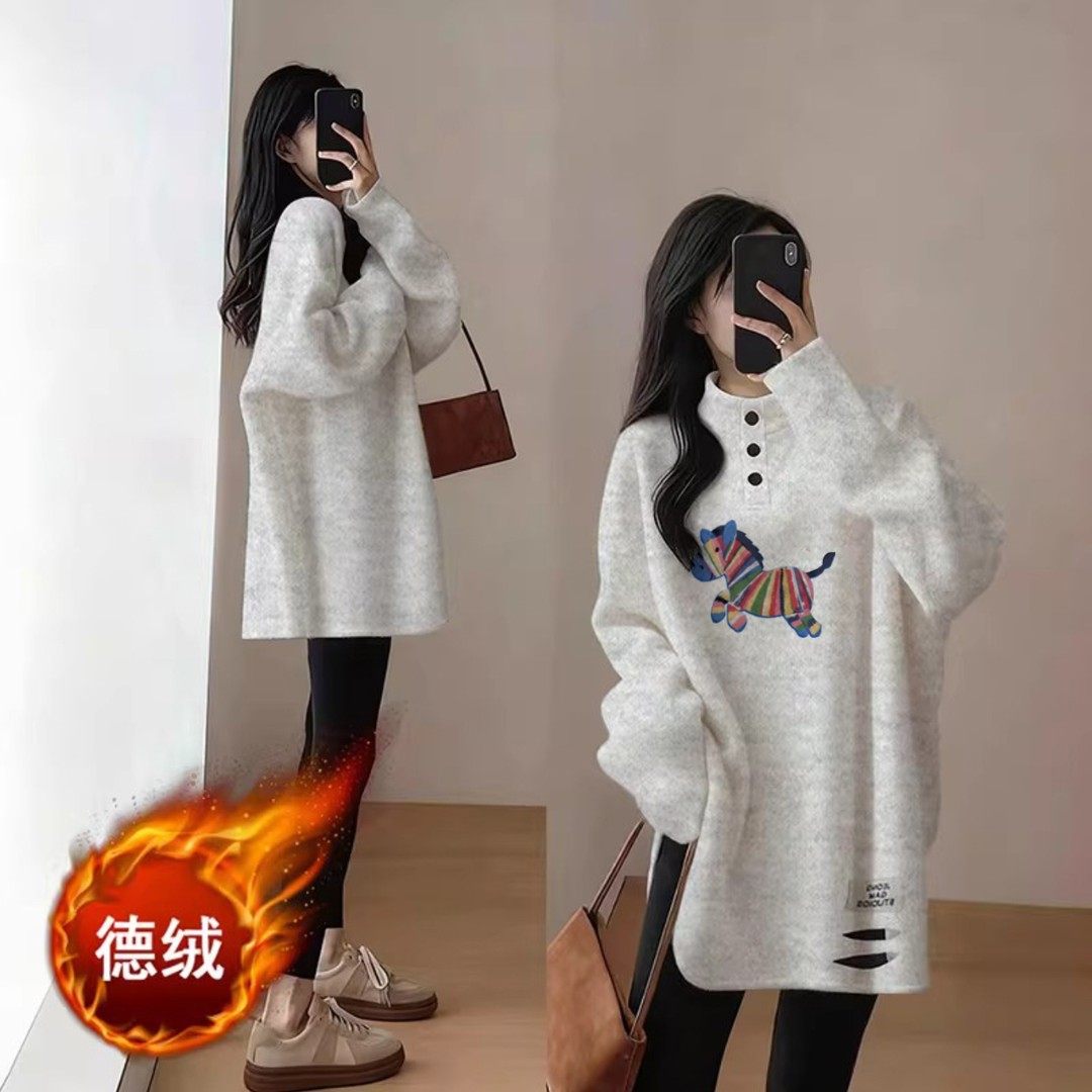 美的离谱啊！磨毛德绒打底衫T恤女中长款遮屁股加绒加厚百搭上衣