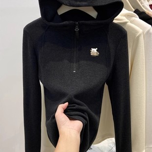 清仓尾货 专柜尾货半拉链双面德绒连帽卫衣女秋冬设计感加绒外套