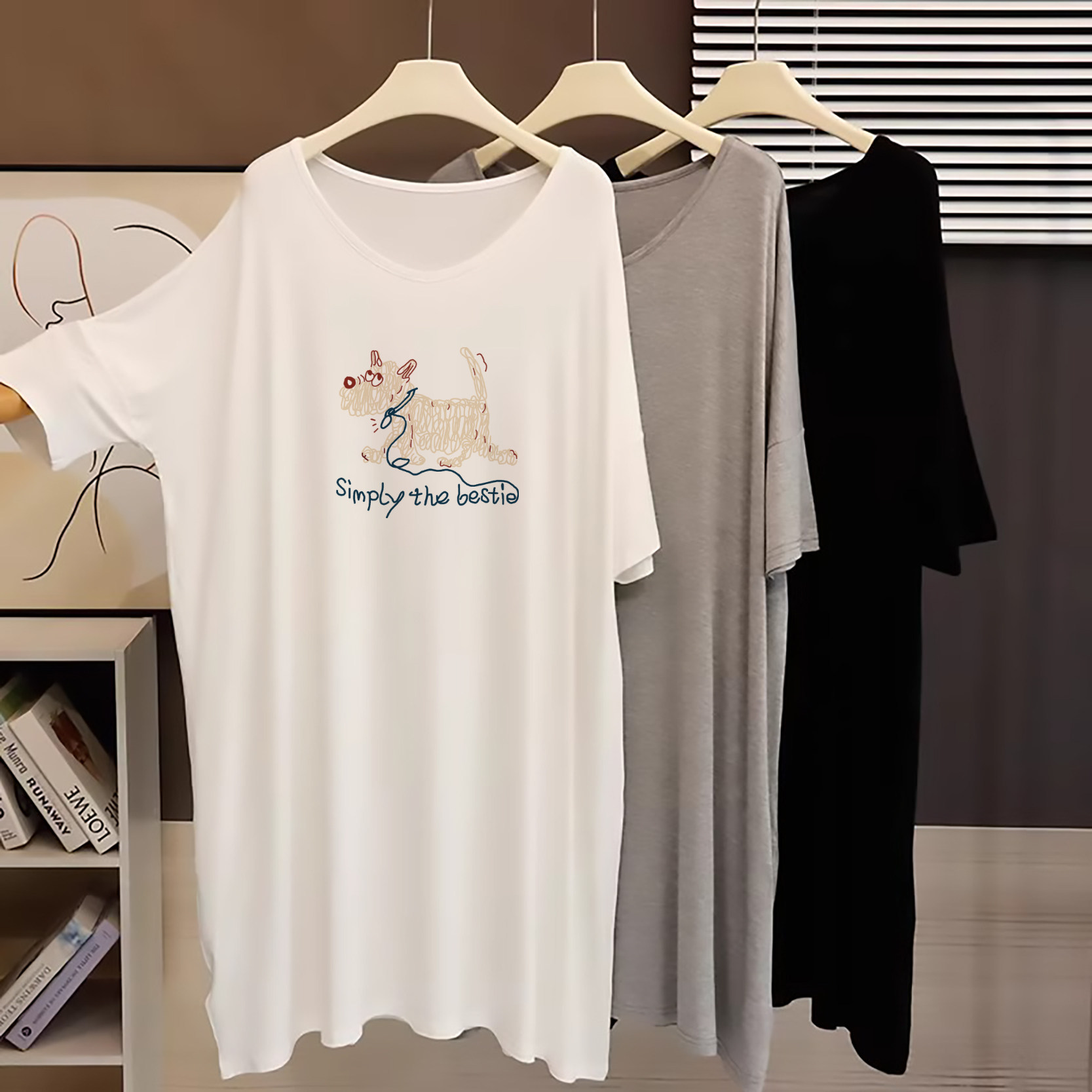 也太美了吧！莫代尔连衣裙中长款V领T恤裙慵懒宽松大码睡裙孕妇裙