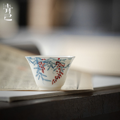 一品仟堂青己手绘青花品茗杯功夫茶具陶瓷单杯紫藤凡灵茶杯釉下彩