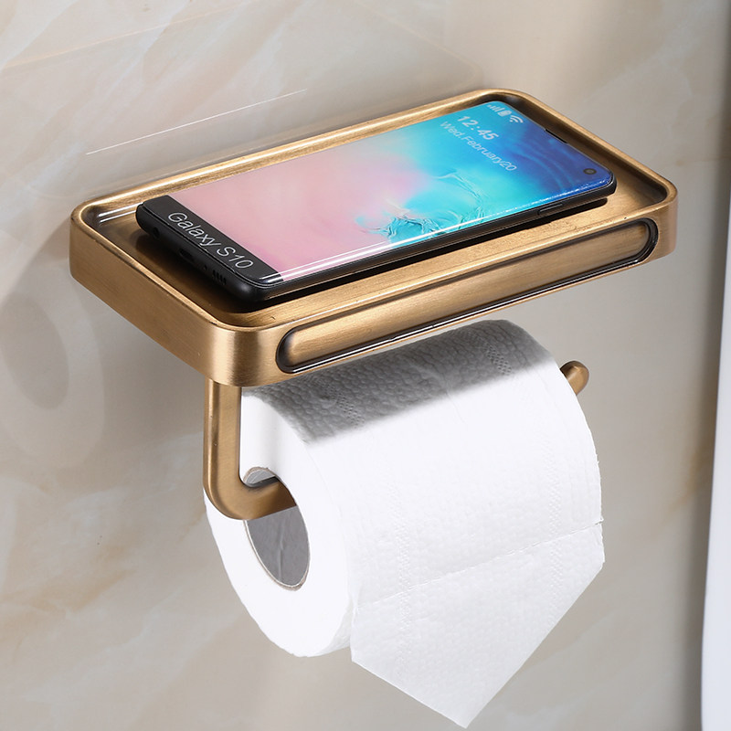免打孔复古纸巾架仿古厕纸架厕所卷纸器手机托盘卫生间家用古铜色