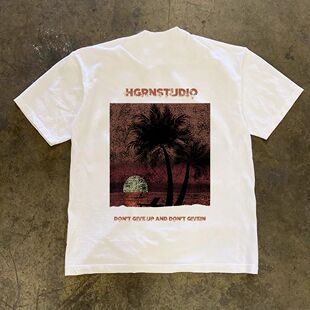 潮牌短袖t恤美式复古椰子树字母印花T恤男痞帅炸街小众宽松休闲重