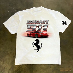 潮牌短袖t恤2026新款宽松红色跑车马年印花T恤重磅嘻哈美式简约男