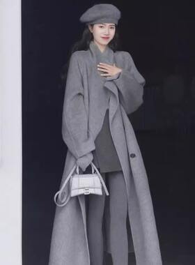 灰色羊绒立领中长通勤大衣女