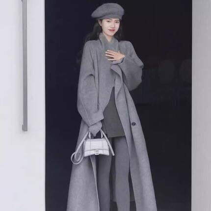 灰色羊绒毛呢大衣女中长款立领通勤外套高级感极简风