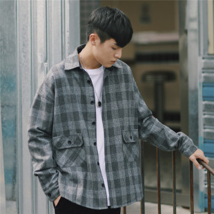 简约百搭基础款 PSO 19AW2 撞色灰色格子衬衫 Brand 外套男女情侣