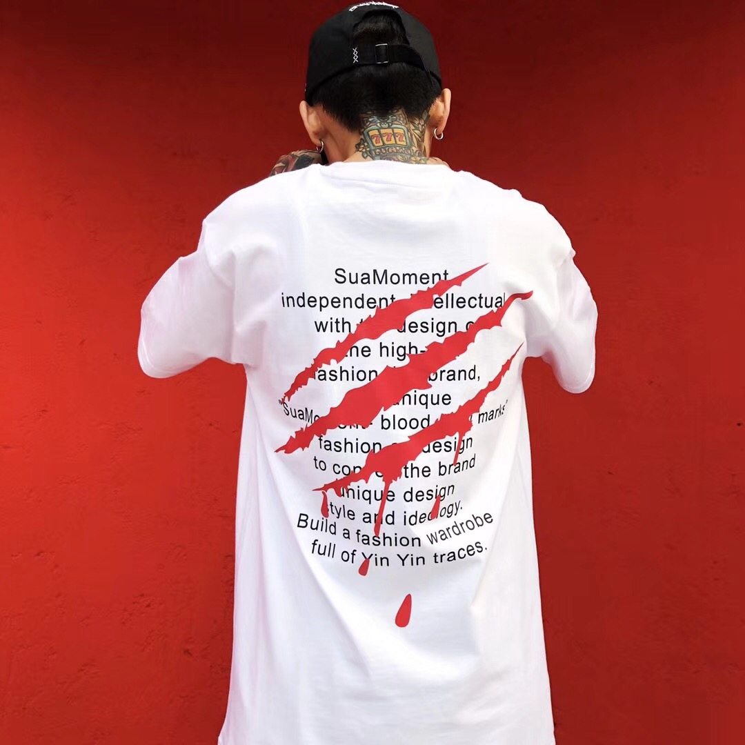 SuaMoment血爪痕抓痕标语短袖超火的t恤国潮嘻哈宽松夏季tee