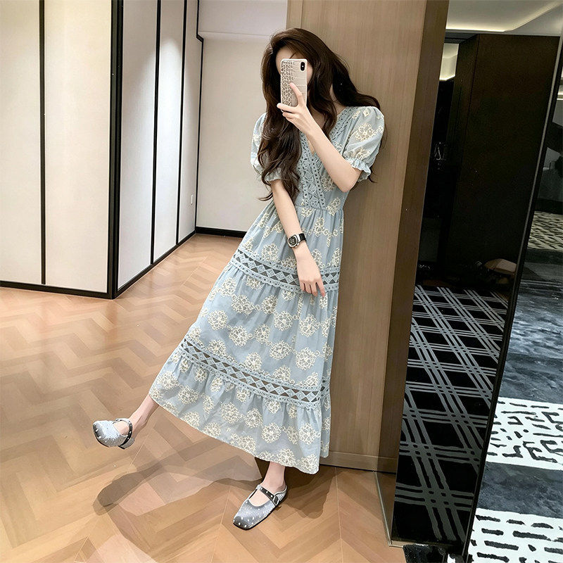 法式气质蓝色蕾丝连衣裙女26夏季大方得体小个子绝美巨好看长裙子