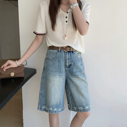 26夏上新 高品质软牛仔短裤女夏宽松设计感破洞高腰五分裤小个子