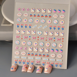 ins风樱桃小兔子网红美甲贴纸可爱蝴蝶结草莓郁金香背胶指甲贴