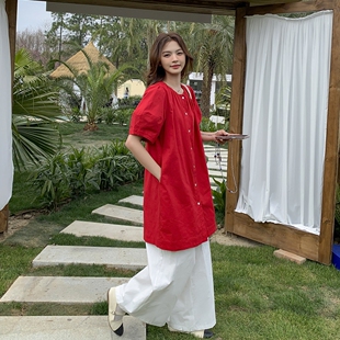 新品 P155 纯色单排扣短袖 休闲连衣裙2C215 K225 中长款 25夏季