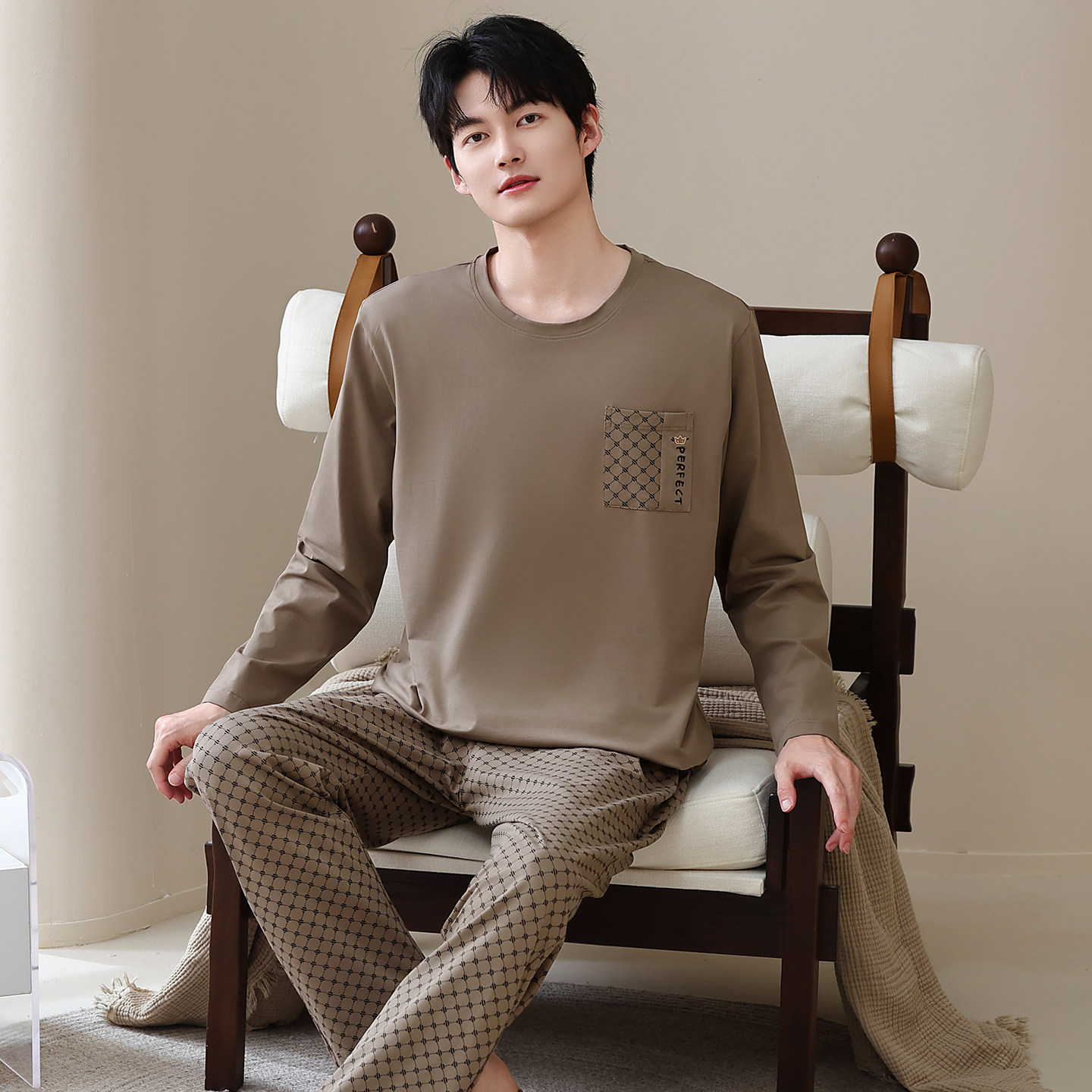 莱卡棉套头纯棉睡衣男士春秋2025新款长袖长裤男款秋季家居服套装