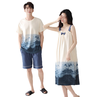 夏装情侣睡衣夏季纯棉短袖男两件套薄款家居服2026新款吊带中裙女