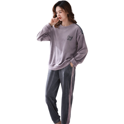 秋冬款睡衣女珊瑚绒薄款圆领套装