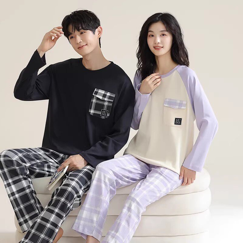 秋季情侣睡衣套头全棉圆领长袖长裤秋天可外穿男女家居服纯棉套装