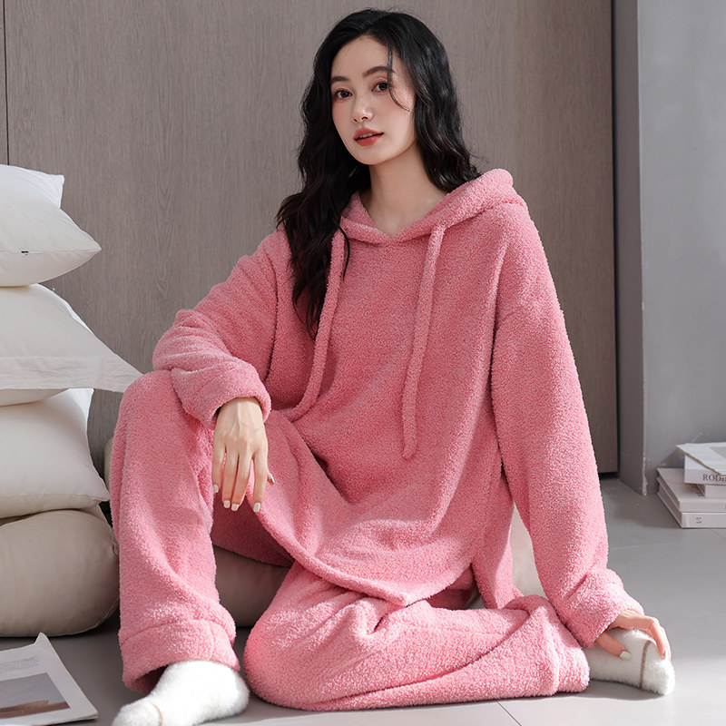 半边绒睡衣女款连帽秋冬季冬款珊瑚绒保暖家居服时尚休闲圆领套装