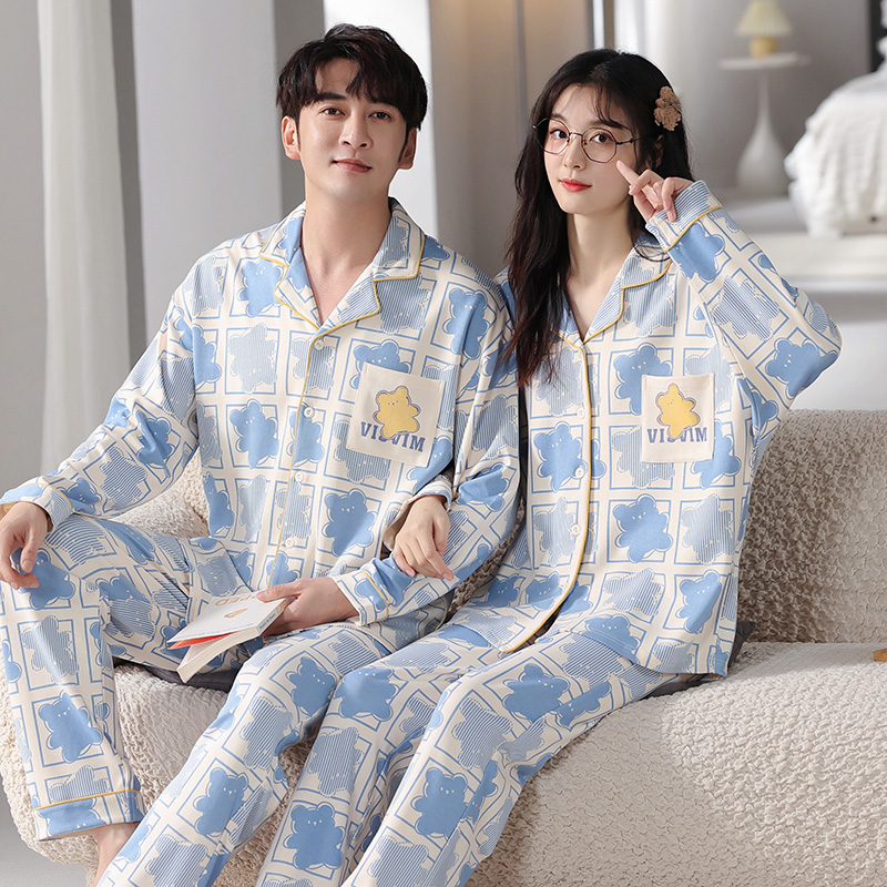 秋天纯棉睡衣女2025年新款春秋情侣长袖格子开衫男家居服两件套装