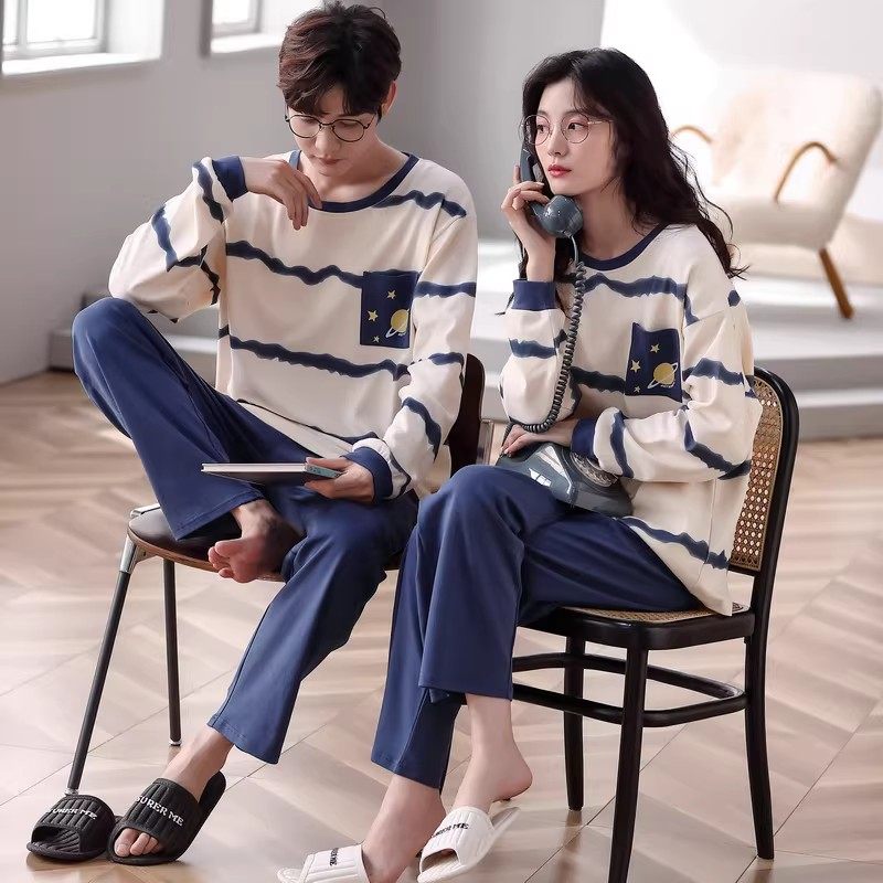 睡衣女款春秋纯棉新款大码长袖圆领情侣款家居服男宽松大码可外穿