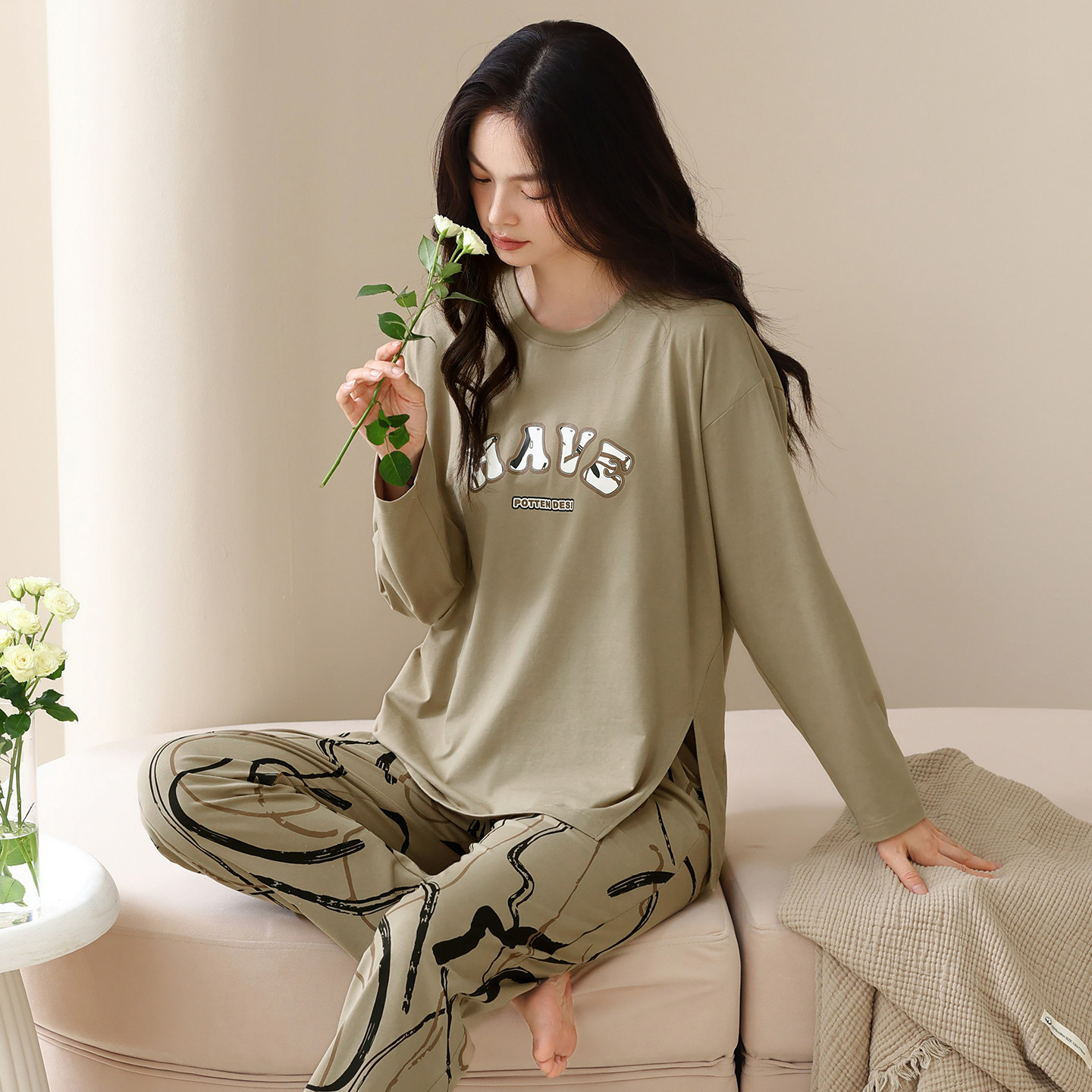 2026年新款春秋款睡衣女款长袖纯棉休闲莱卡棉可外穿秋家居服套装