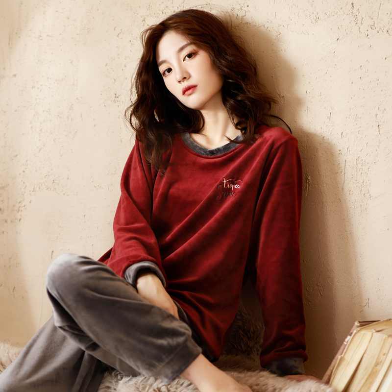 加厚法兰绒可外穿冬天套装睡衣