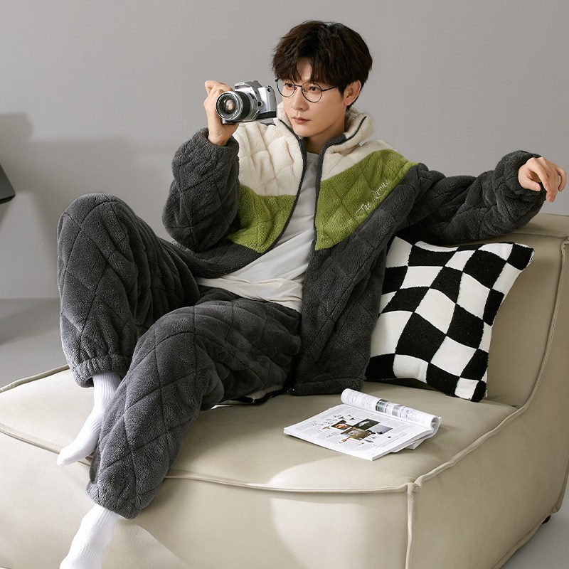 三层夹棉睡衣男士秋冬季珊瑚绒加厚加绒冬天加大码男款家居服套装