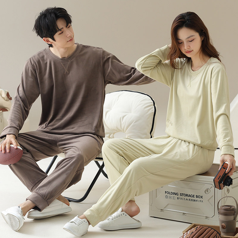 海岛绒情侣睡衣秋冬款女加厚加绒圆领套头保暖珊瑚绒冬季家居服男