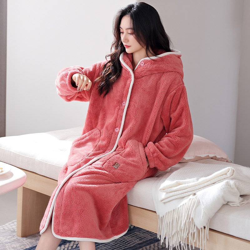 2025年新款睡袍冬天加绒保暖加厚浴袍连帽珊瑚绒睡衣女款冬法兰绒
