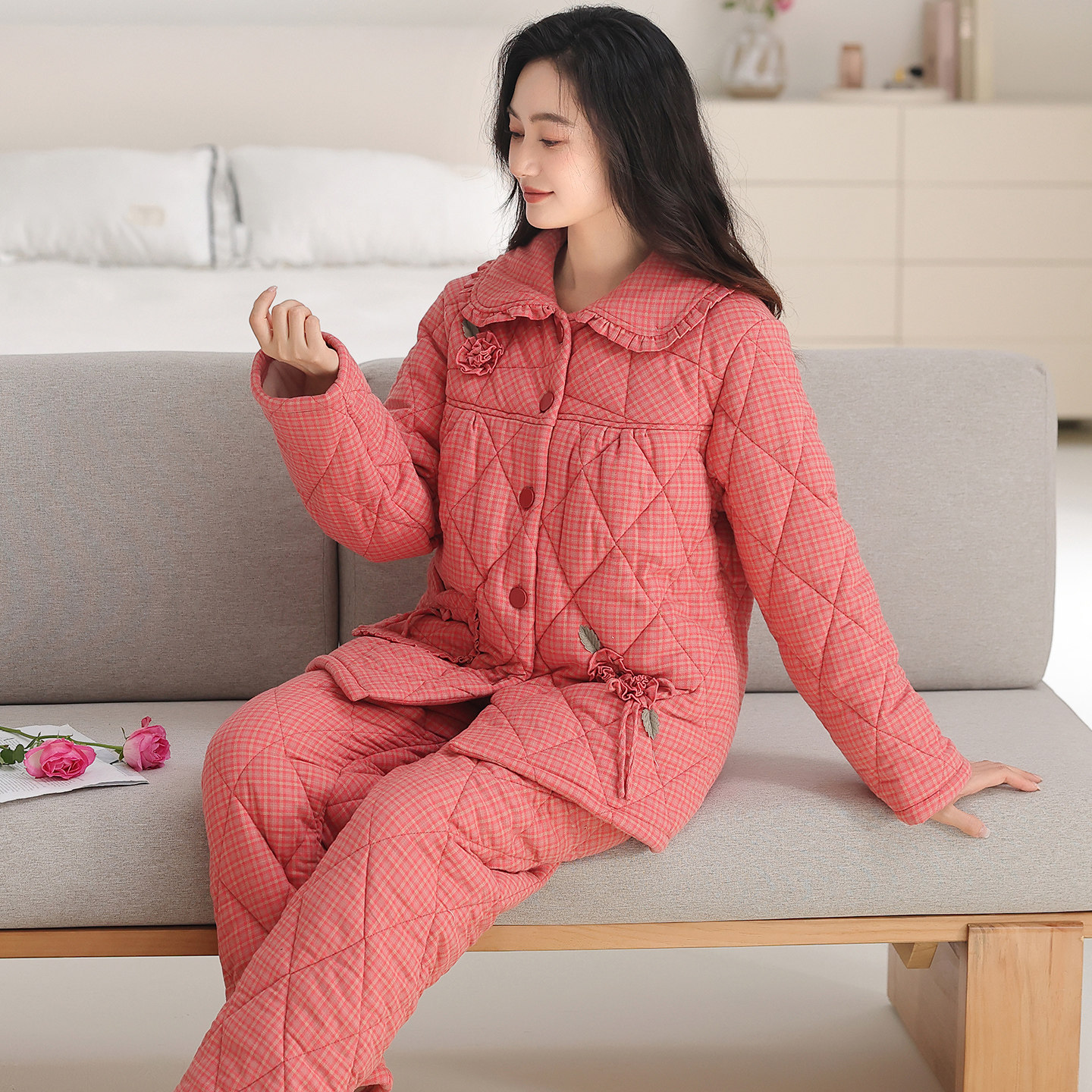 睡衣女冬季加厚梭织夹棉女款2026年新款冬款可外穿休闲家居服套装