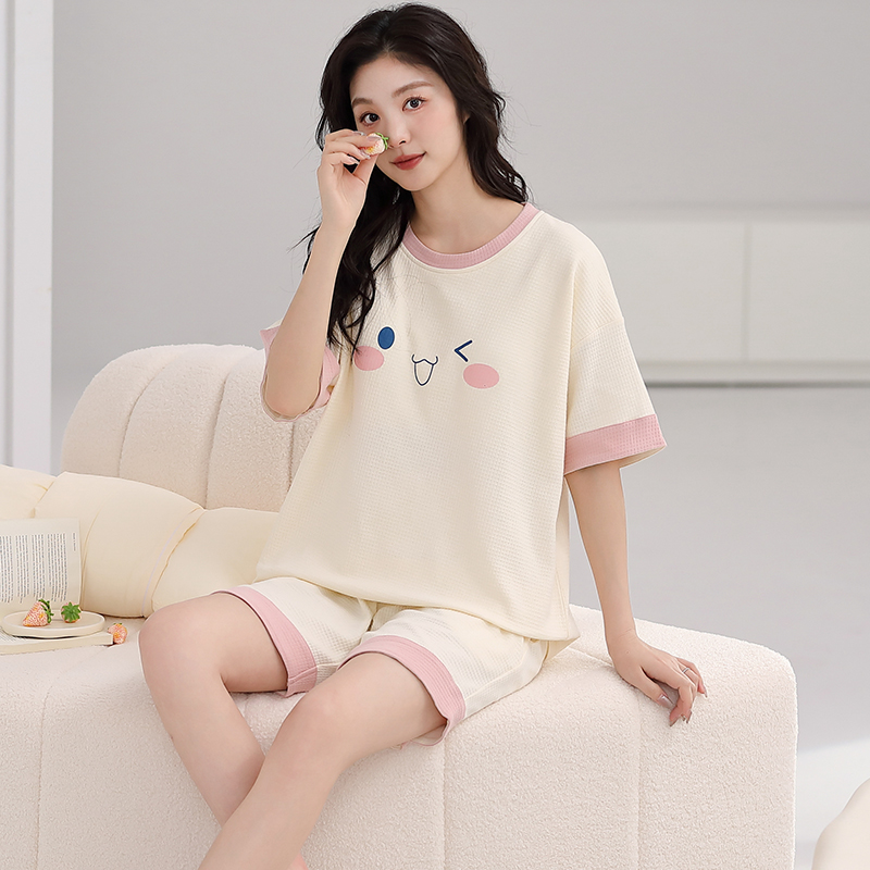 睡衣女华夫格纯棉夏季带胸垫短袖短裤运动薄款大码家居服套装夏天