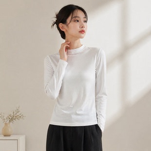 白色半高领长袖t恤女2026新款修身小高领女款全棉秋季内搭打底衫
