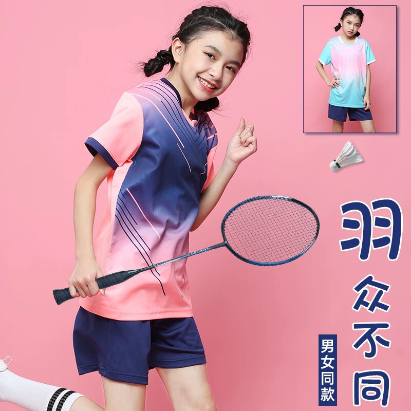 羽毛球服女童乒乓球运动短袖套装学生版网球衣印字男童排球运动服