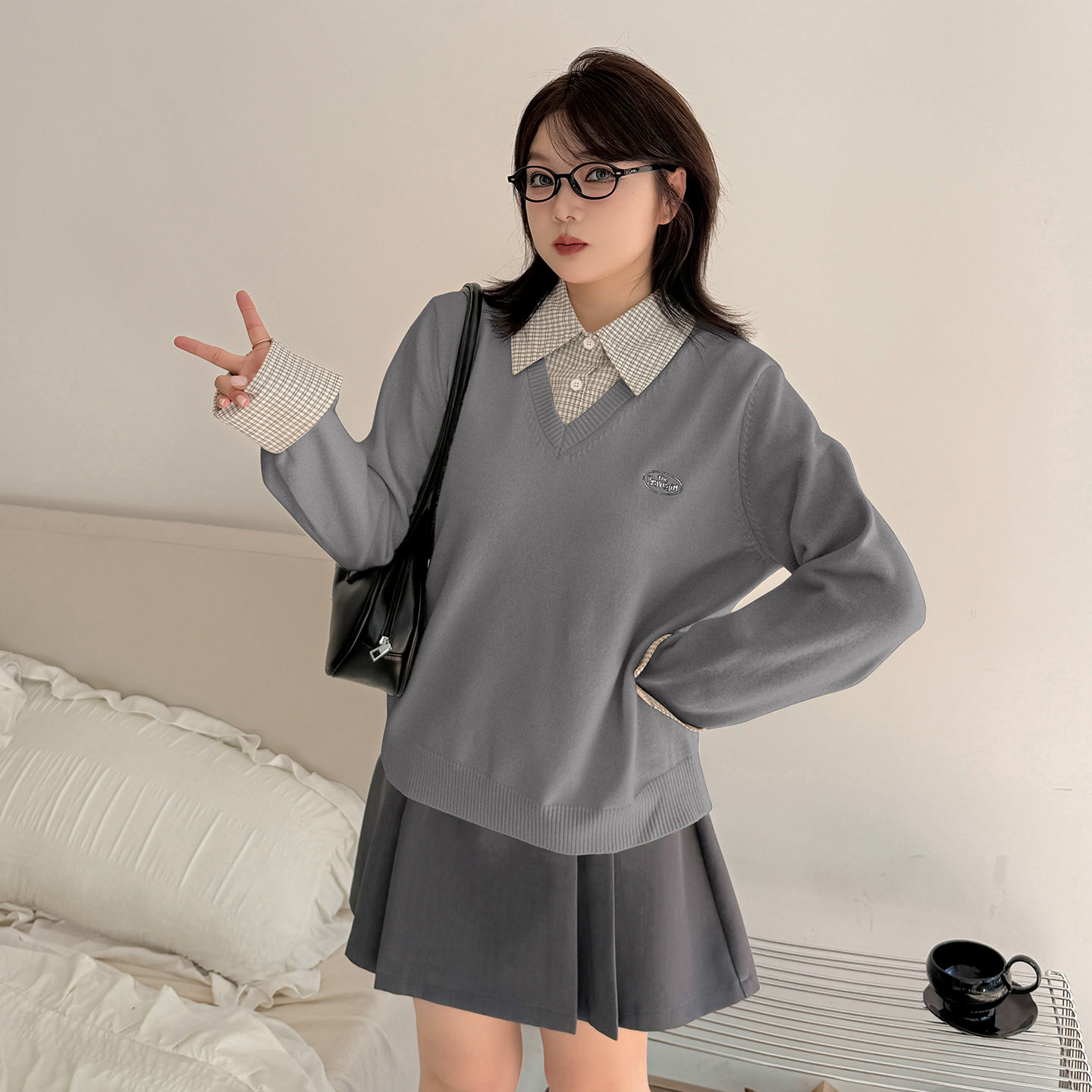 大码女装学院风羊毛毛衣宽松韩版2025秋冬假两件拼接格子针织衫