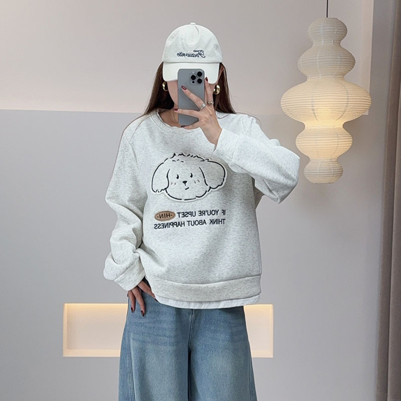 大码女装卡通小狗圆领刺绣卫衣