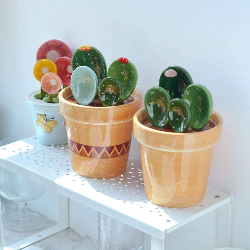 ins网红仙人掌量勺套装可爱陶瓷勺创意刻度勺厨房餐厅烘焙勺盆栽
