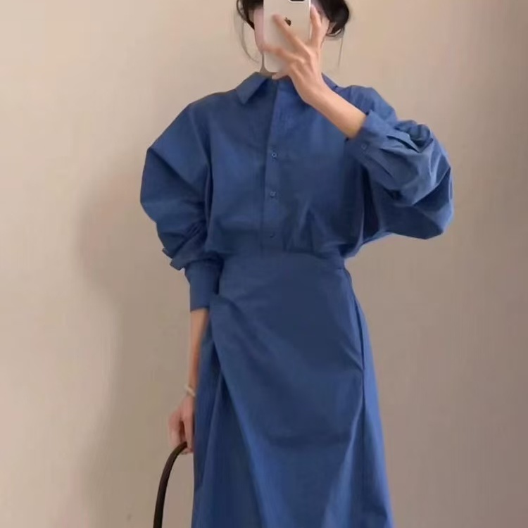 ZX6253设计感收腰显瘦长袖连衣裙女2025春夏新款中长款衬衫裙