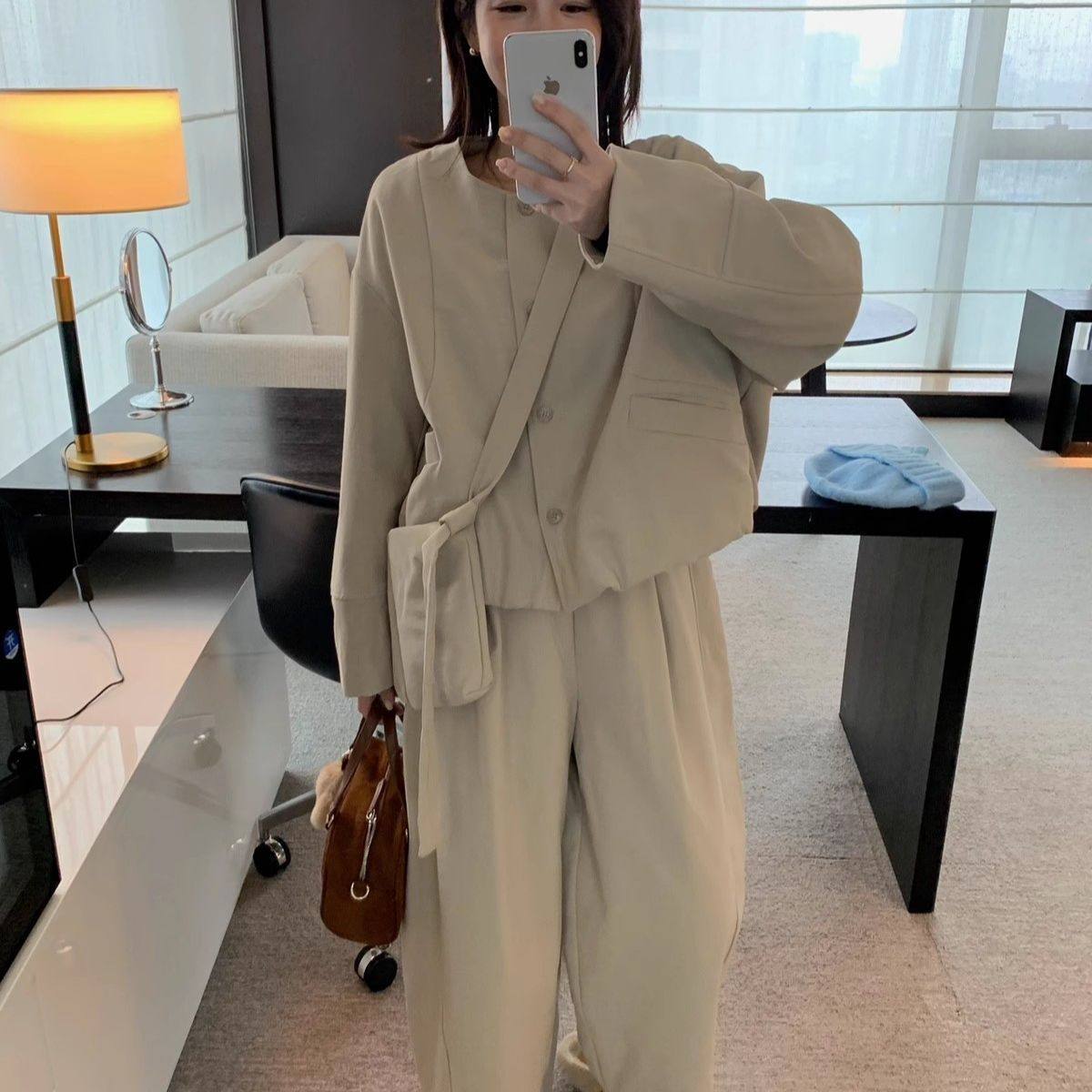 718时尚棉服简约休闲冬季新款加棉加厚外套保暖阔腿裤套装两件套