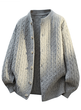 美式复古麻花纹针织开衫男春秋宽松毛衣外套灰色长袖上衣港式男装