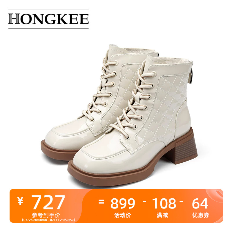 Hongkee/红科女靴粗跟后拉链短靴秋冬时尚女鞋HA53S412